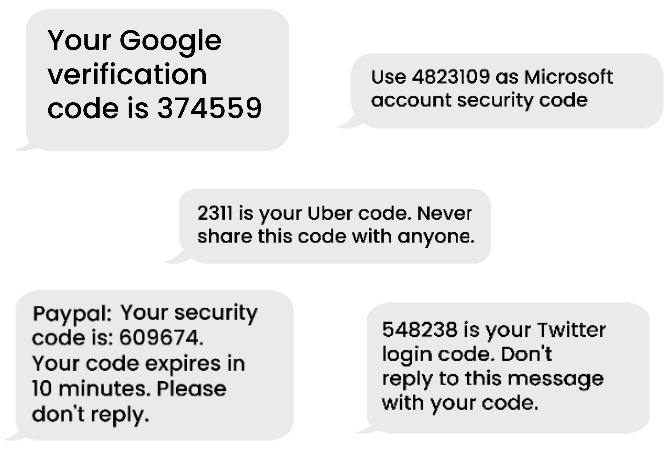 Exemples de SMS OTP de différentes entreprises: Google, PayPal, Twitter, Uber, Microsoft